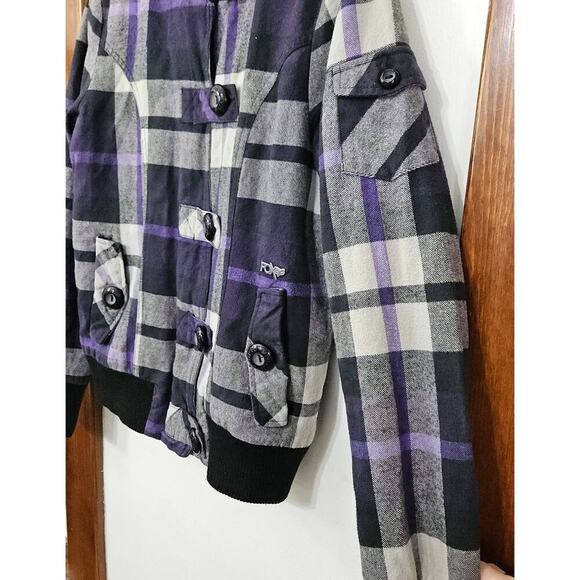 Y2K Fox Rider Faux Fur Lined Plaid Hoodie Jacket Purple/Black Size Medium - Picture 5 of 10